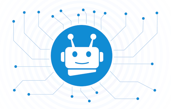 AI Affiliate Marketing integration image of a robot in a blue circle with blue nodes all around