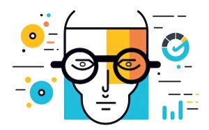 AI powered affiliate marketing image displaying AI like face with glasses surrounded by AI analytics icons