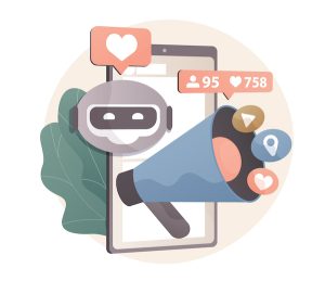 AI Influencer Marketing image of AI robot and various social icons