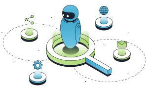 AI keyword research image showing an AI robot with on magnifying glass surrounded by AI research icons